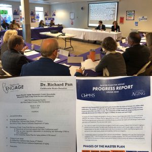 Director Kim McCoy Wade and Senator Pan, and group of roundtable participants, image of event agenda, image of Spring 2020 MPA Progress Report